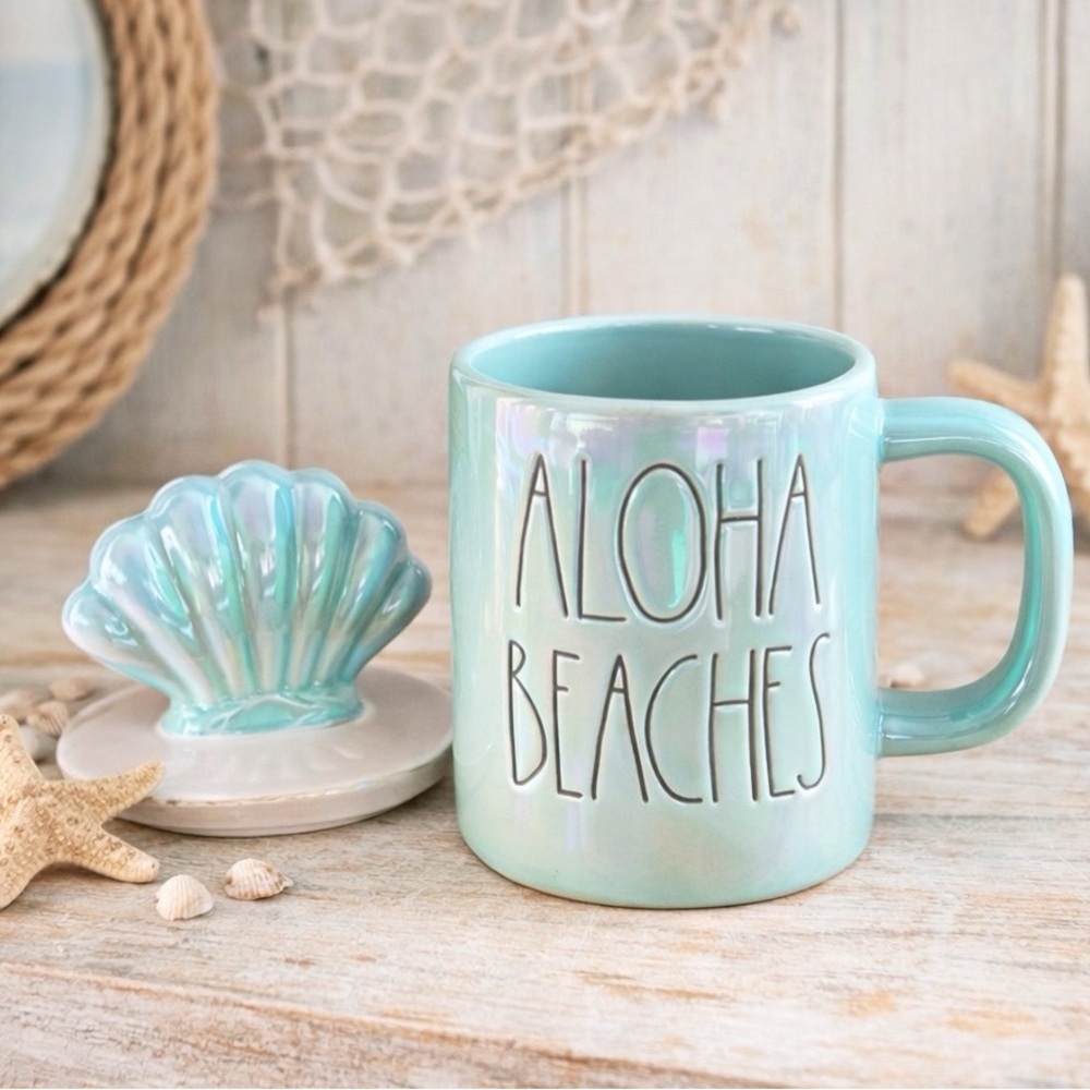 Rae Dunn ALOHA BEACHES Iridescent Mug w/ Shell Lid Coastal Beach House Decor - Picture 2 of 12